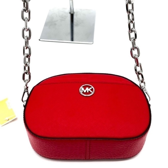 Michael Kors Large Jet Set Glam Leather Snakeskin Oval Crossbody Bag Red/Gold - Picture 6 of 10